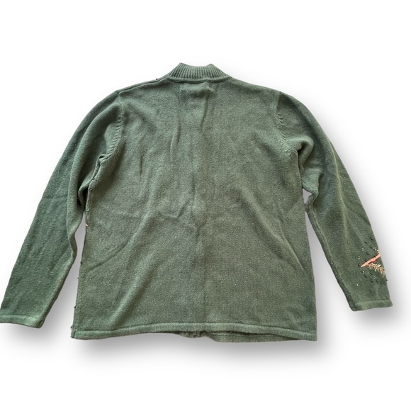 Vintage Hunter Green Embroidered Sequin Cardinal Full Zip Cardigan Women's XL - Picture 2 of 8
